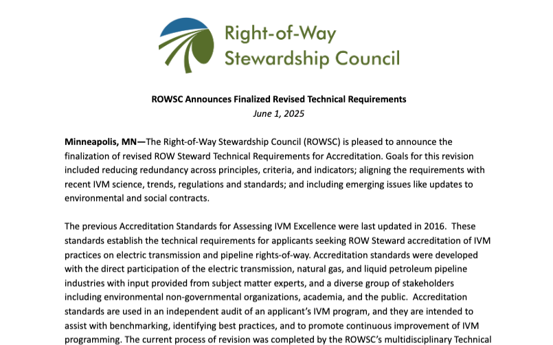 ROWSC Announces Finalized Revised Technical Requirements